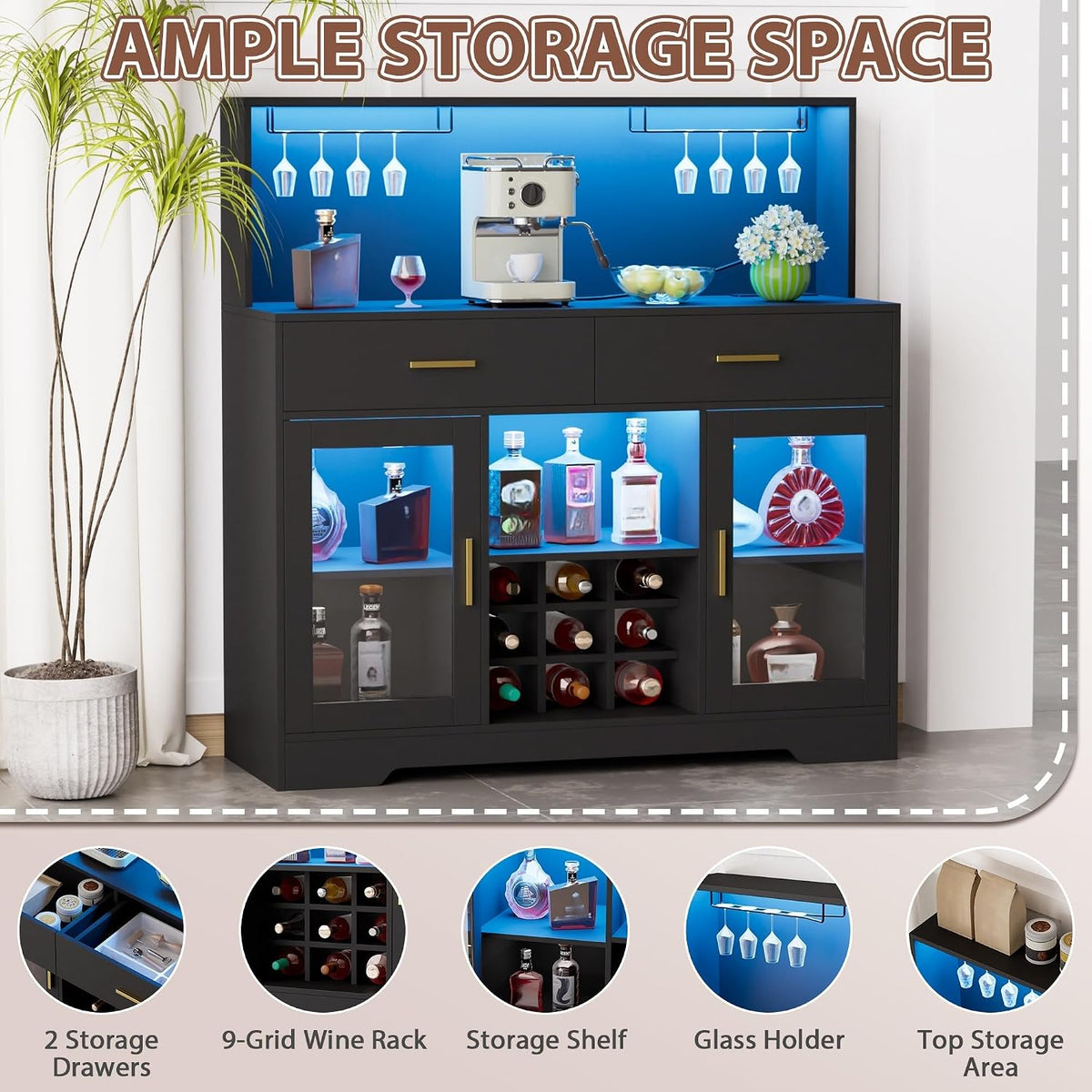 Wine Bar Cabinet With Power Outlet, Black Bars Cabinet Liquor Cabinet with Led Lights, Coffee Bar Cabinet with Wine Rack & Glass Holder, Buffet Sideboard with Storage for Living Room, Dining Room