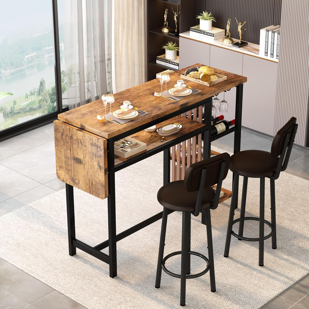 Bar Table and Chairs Set, 59'' Counter Height Dining Table Set with Storage