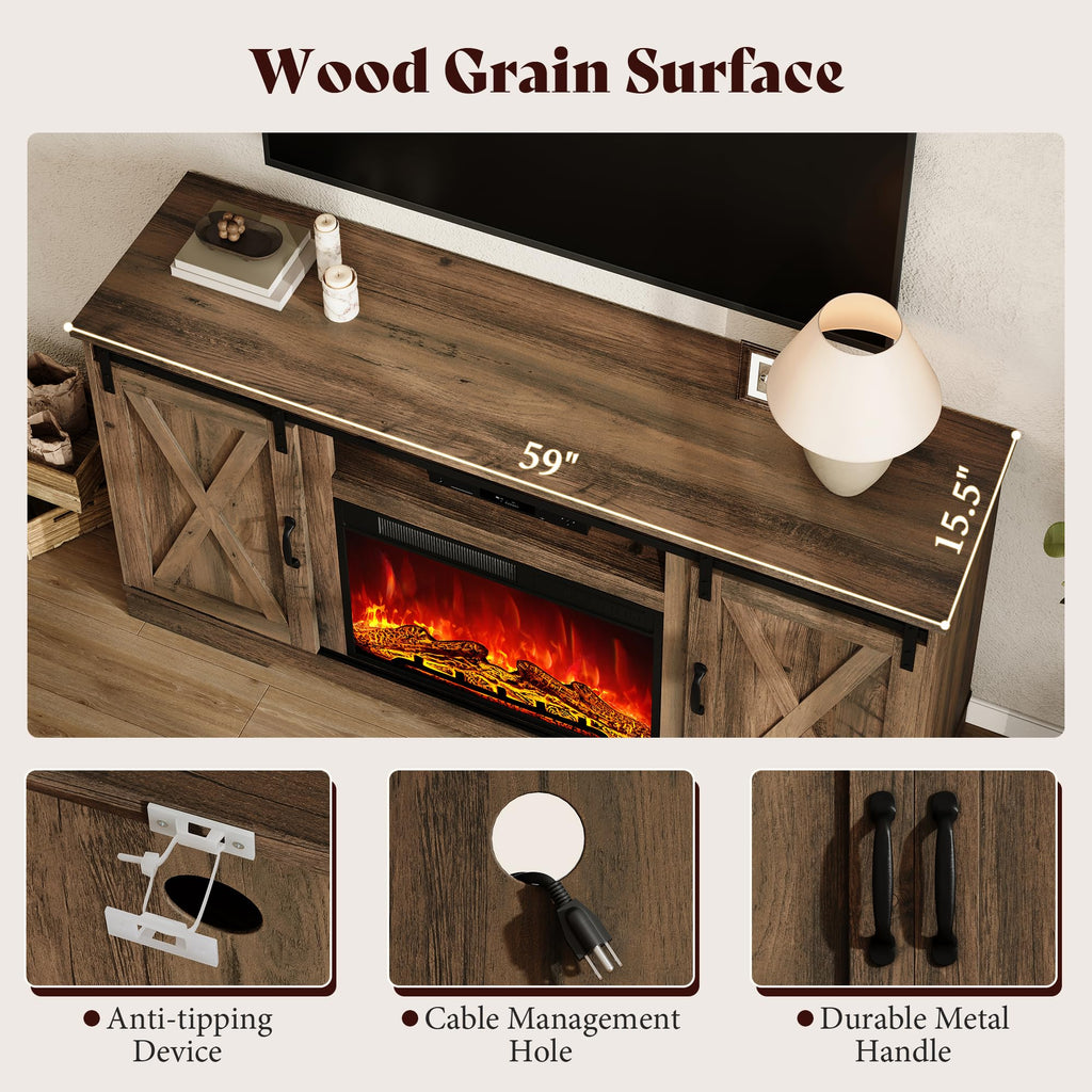 AMERLIFE Fireplace TV Stand with Sliding Barn Door for TVs up to 75"