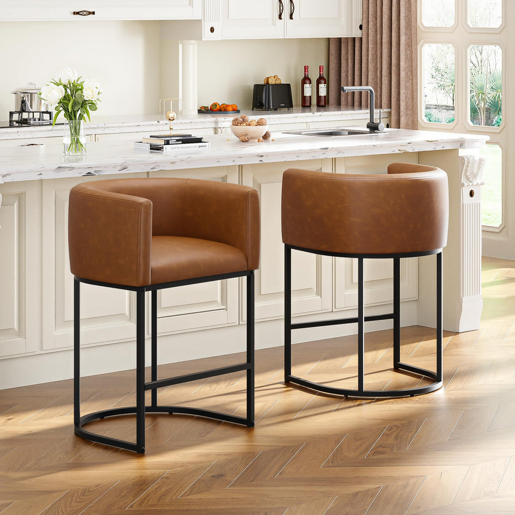 26" H Counter Height Bar Stools Set of 2, Modern Barrel Counter Stools with Backrest and Arms, Linen Fabric Upholstered Accent Barstools for Kitchen Island,Support 450 LBS (Beige)