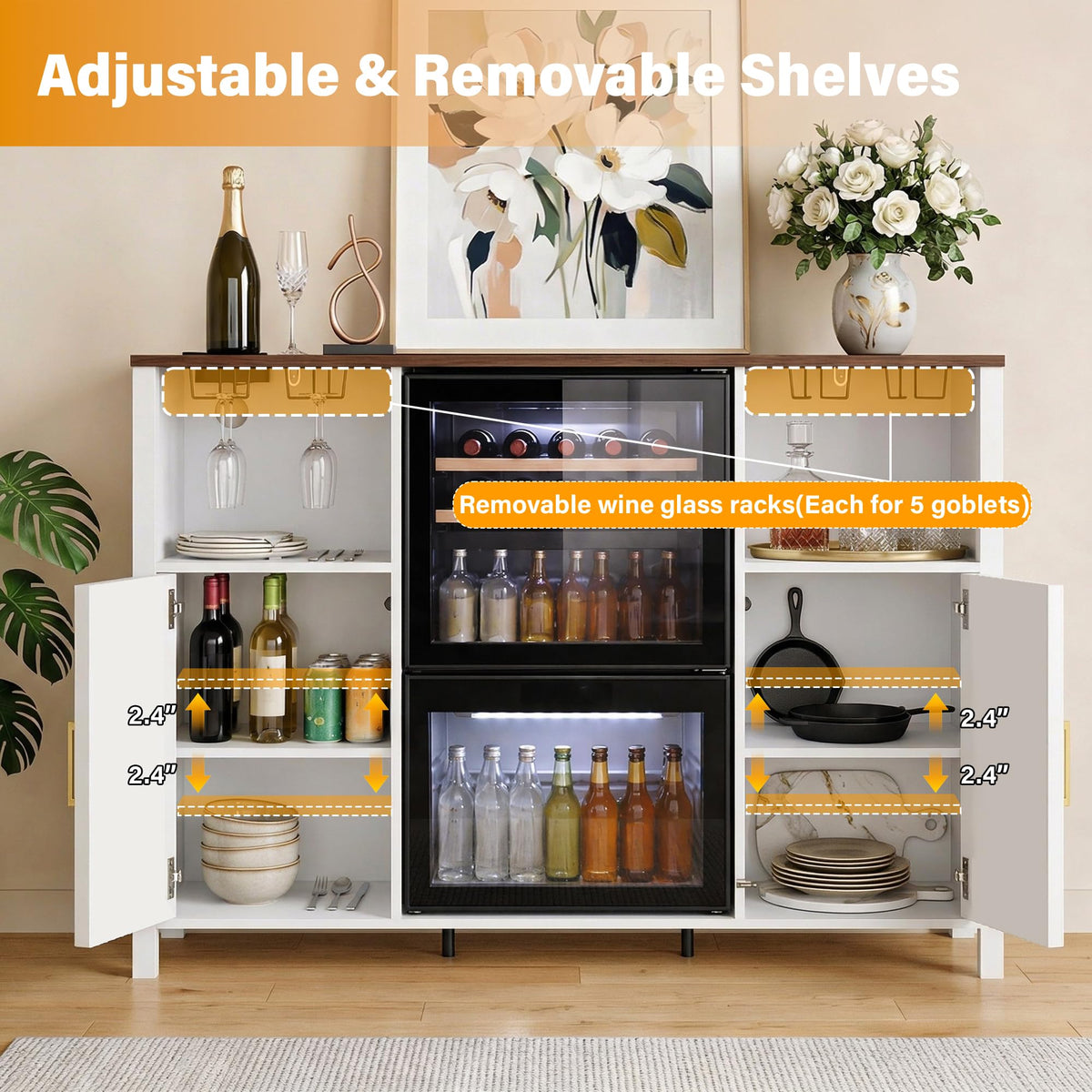 70" Large Coffee Bar Cabinet with Power Outlet, Mini Fridge Cabinet with Adjustable Shelf Wine Rack Glass Holder Liquor Wine Storage, Walnut Fluted Buffet Sideboard Table for Kitchen Dining Room