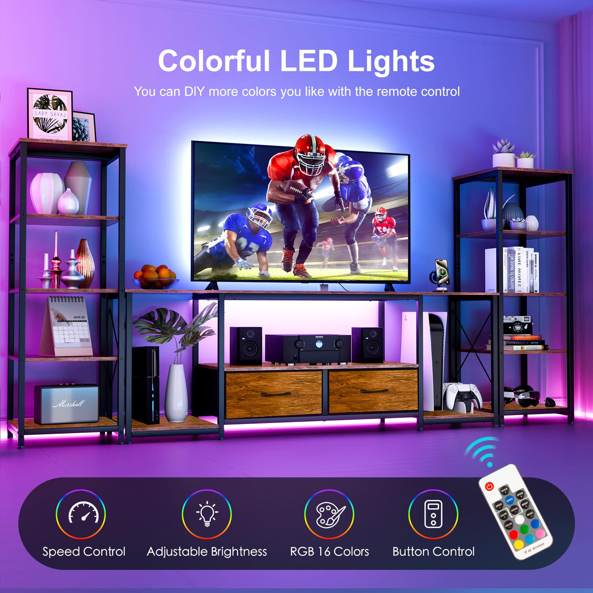 89in TV Stand for 65in TV 5 Tier Bookshelves LED Charging Brown
