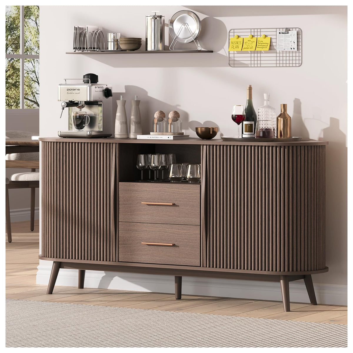 JOINICE Tall Corner Bar Cabinet for Liquor,Mid-Century Modern,Walnut,70"
