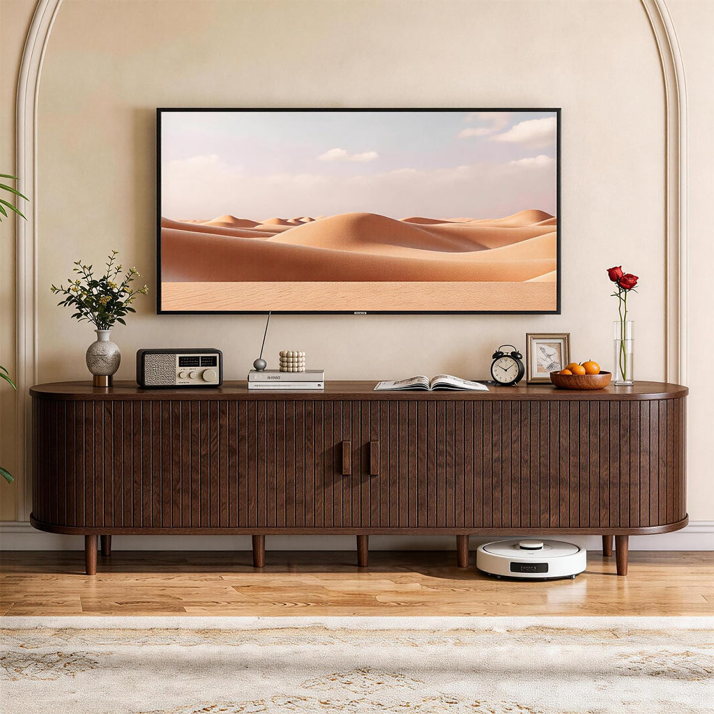 65" Mid Century Modern TV Stand with Power Outlet, Fluted Entertainment Center with Storage and Adjustable Shelves, Wood TV Console with Sliding Doors for Living Room, Walnut