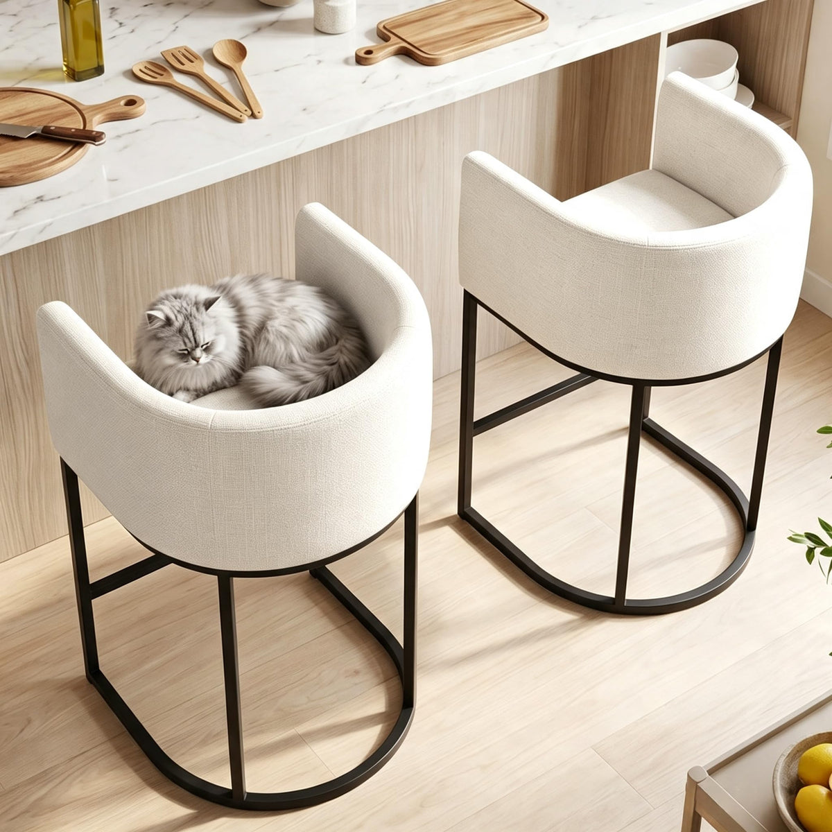26" H Counter Height Bar Stools Set of 2, Modern Barrel Counter Stools with Backrest and Arms, Linen Fabric Upholstered Accent Barstools for Kitchen Island,Support 450 LBS (Beige)