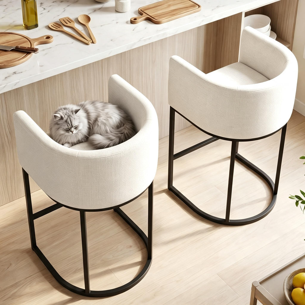 26" H Counter Height Bar Stools Set of 2, Modern Barrel Counter Stools with Backrest and Arms, Linen Fabric Upholstered Accent Barstools for Kitchen Island,Support 450 LBS (Beige)