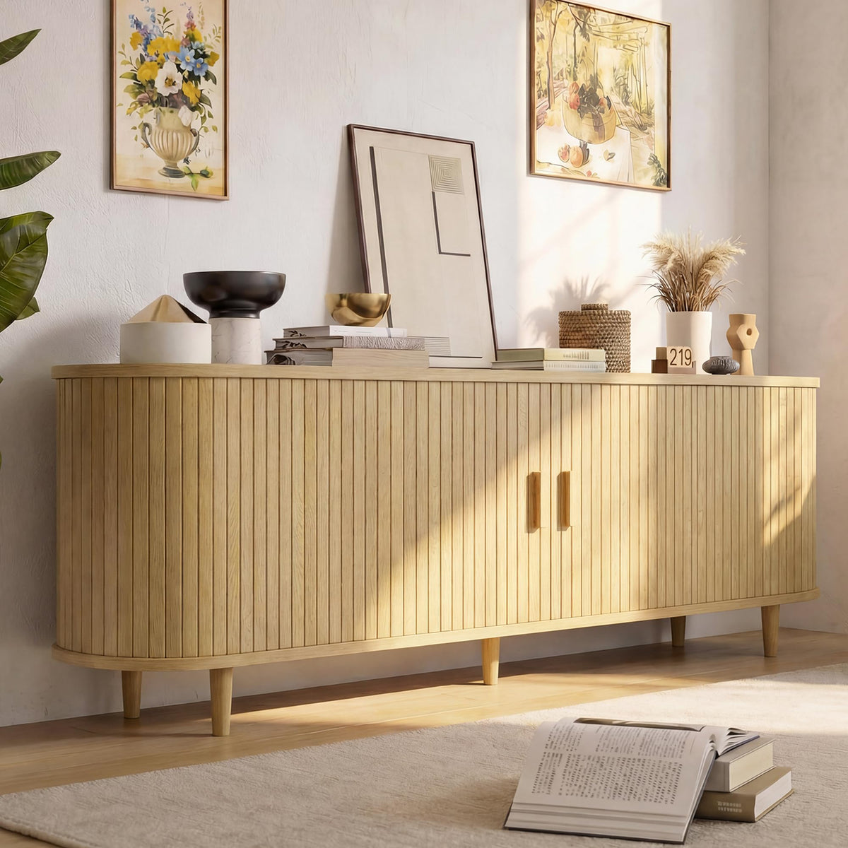 70" Mid Century Modern TV Stand, Wood TV Consoles with Sliding Doors and Power Outlet, Entertainment Center with Adjustable Shelves, Fluted TV Stands for Living Room, Walnut