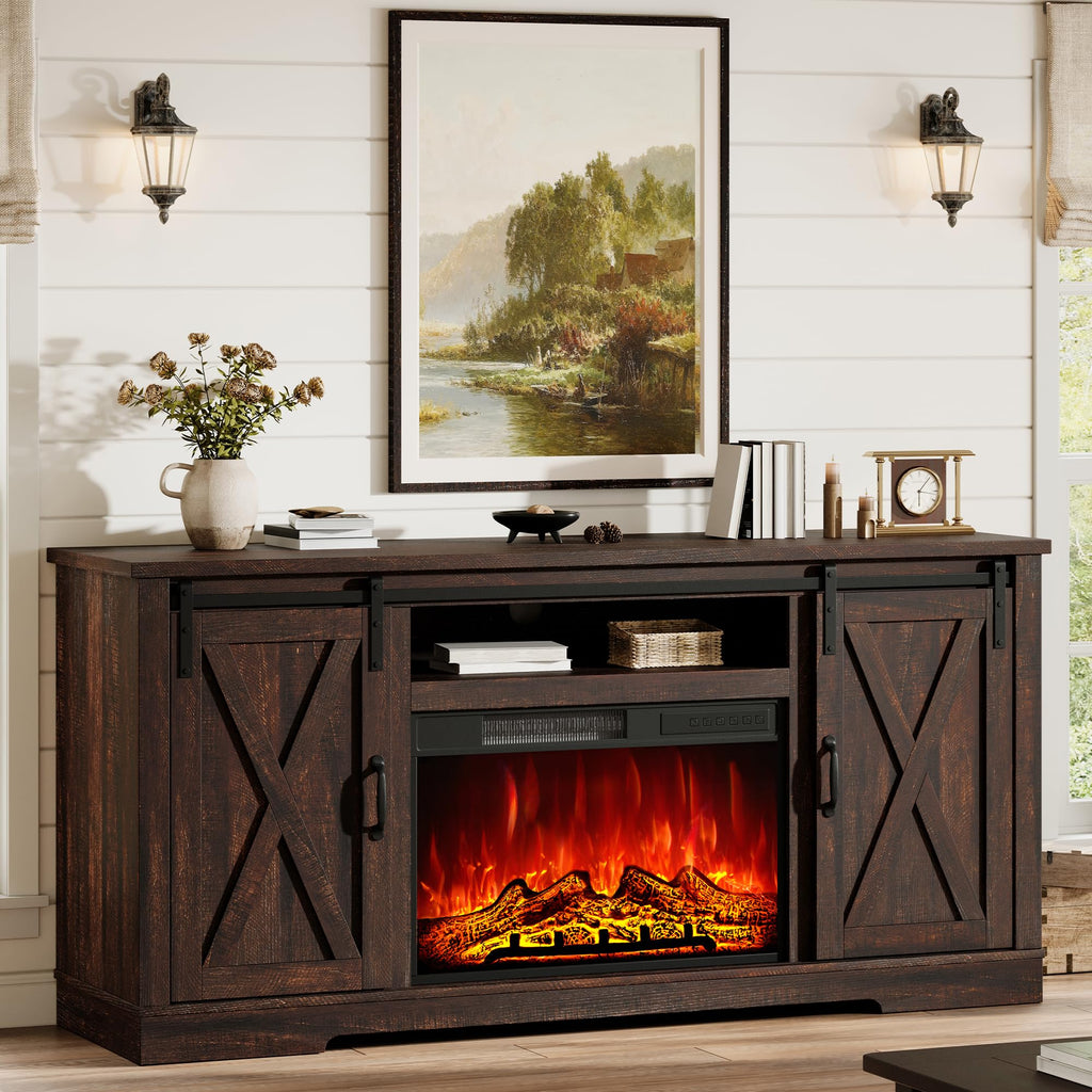 AMERLIFE Fireplace TV Stand with Sliding Barn Door for TVs up to 75"