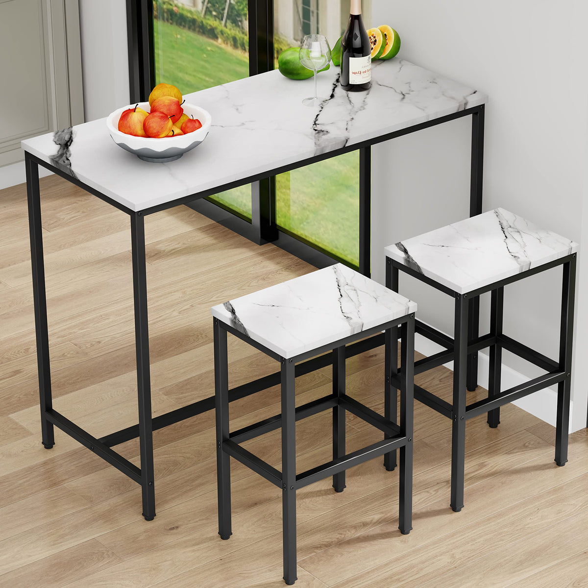 Aklaus 5 Piece Bar Table Set Kitchen Dining Table Set for 4 Modern Counter Height Bar Table with Bar Stools Set of 4 Faux Marble Top Pub Table and Stools for Dining Room Breakfast Nook Home Bar