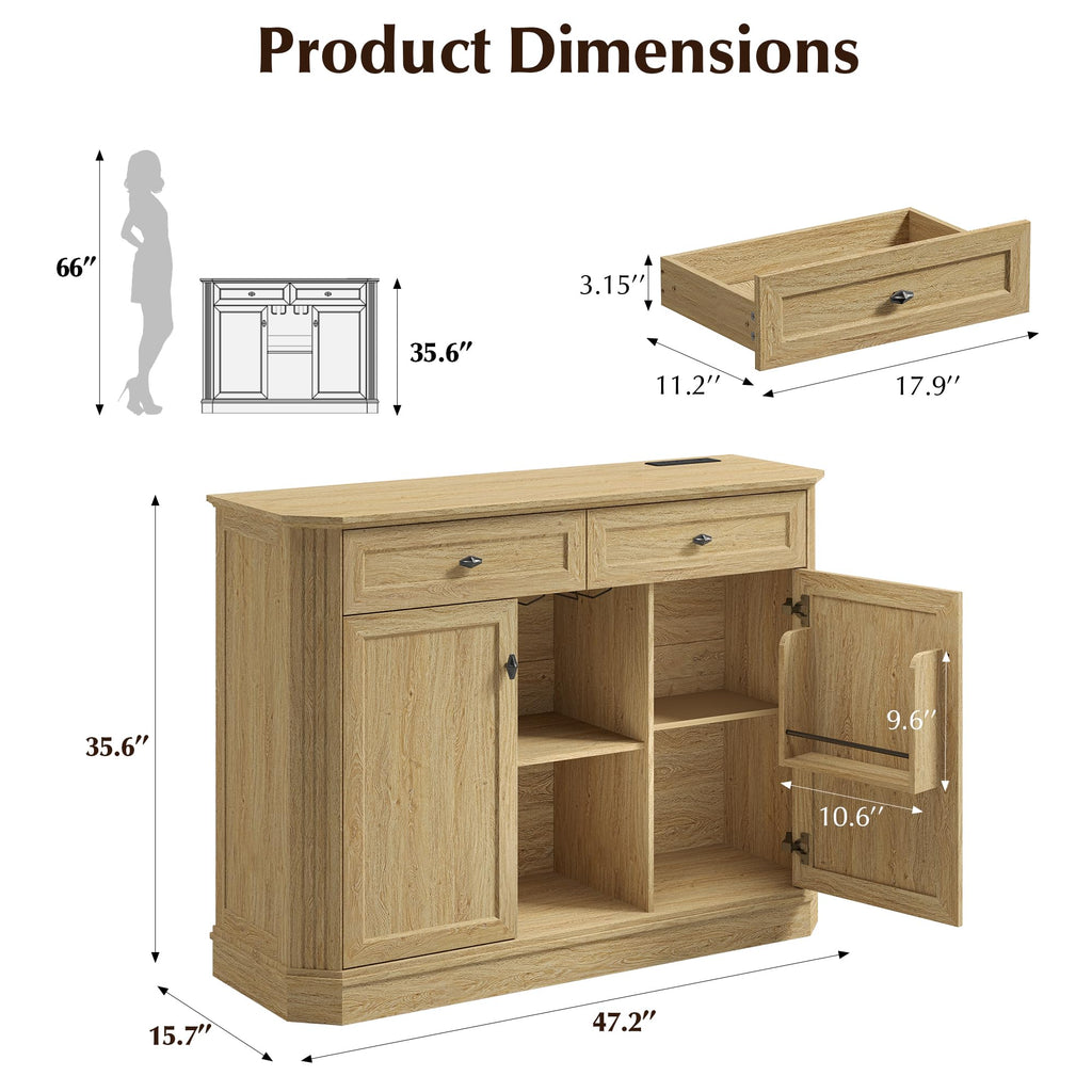 47" Wine Bar Cabinet with LED Light & Power Outlets, 2 Door Coffee Bar Cabinet with 2 Drawers, Sideboard Buffet Cabinet with Storage, Liquor Cabinet for Home Bar, Kitchen Living Room, Walnut Brown