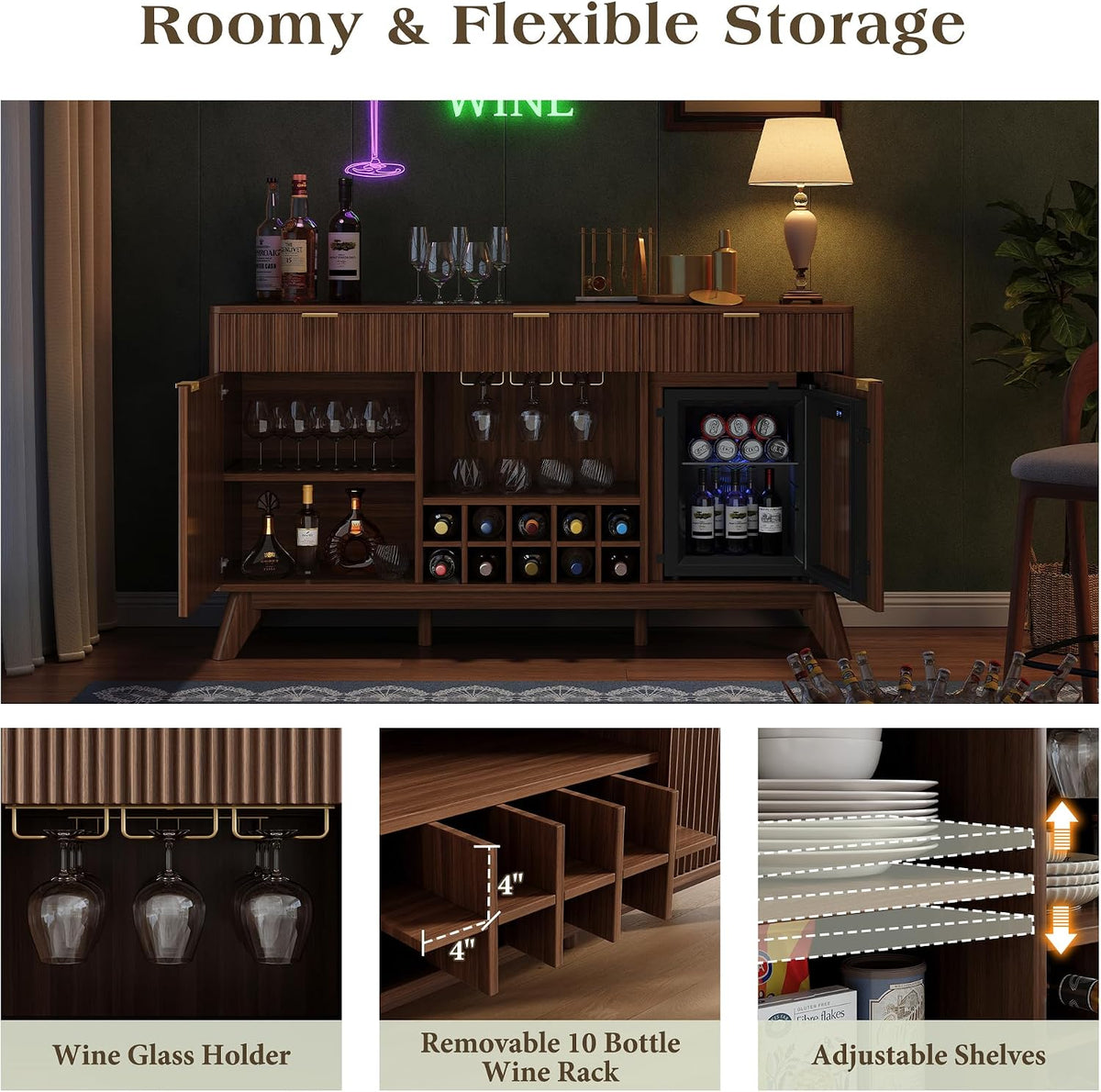 60" Wine Bar Cabinet, Coffee Bar Cabinet with Fridge, Sideboard Cabinet