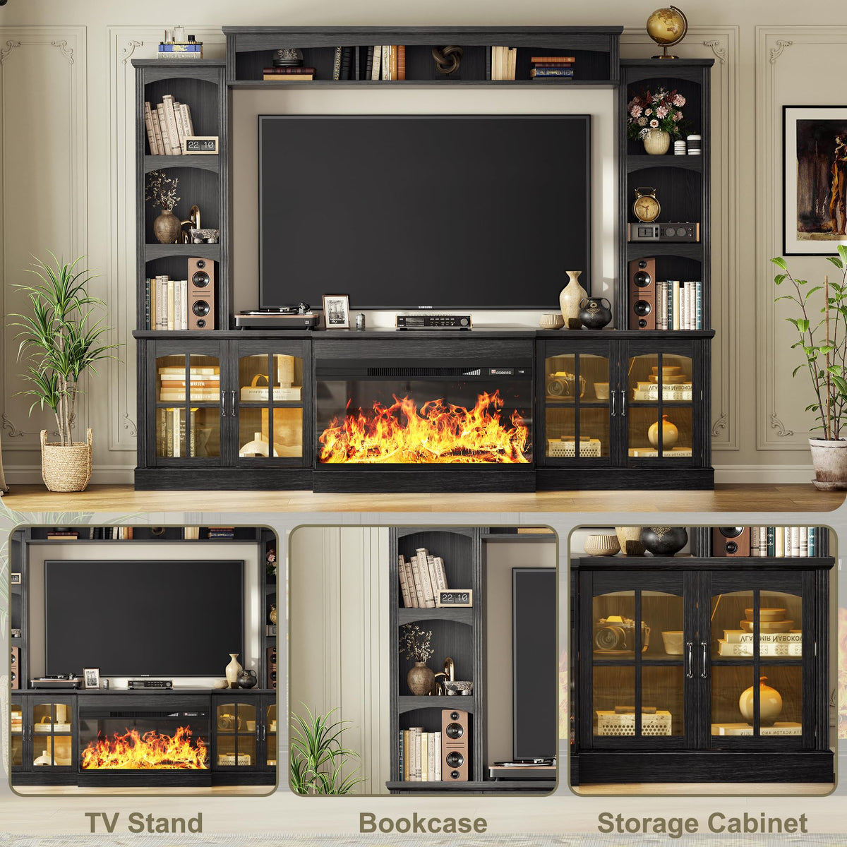 98" Farmhouse TV Stand with 36" Electric Fireplace, Bookshelves, Fits 75" TVs, Entertainment Center with Storage Cabinet, Large Wall Unit Media Console for Living Room, White