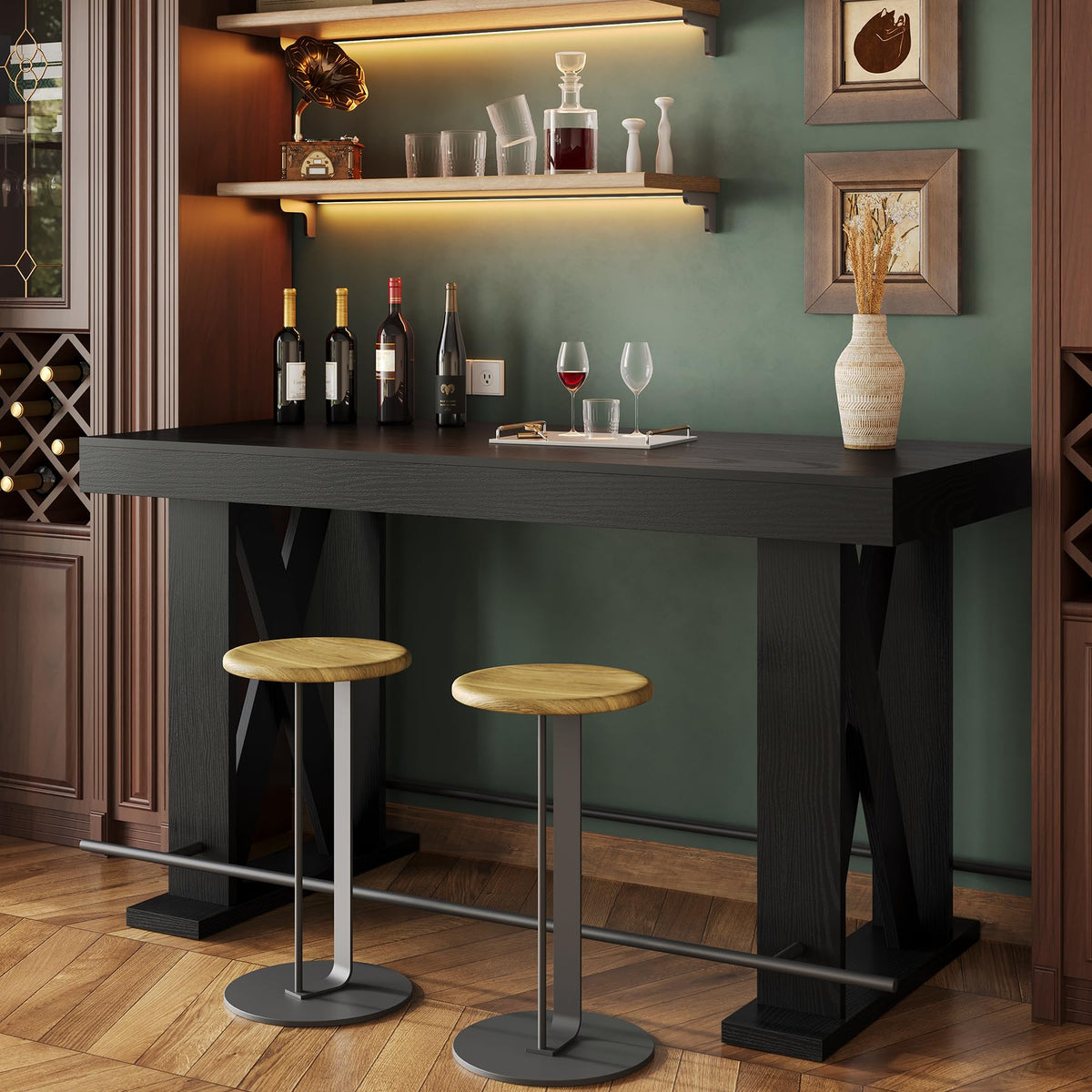 LITTLE TREE 63" Bar Table, Pub Table with Metal Footrest (Rustic Brown,1)