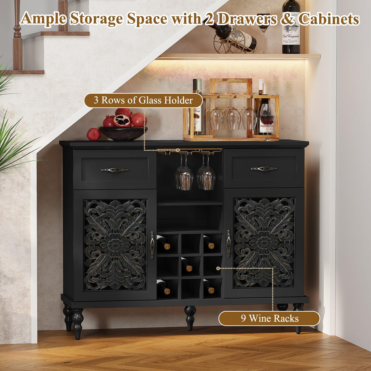 ARTPOWER 47.2" Vintage Wine Bar Cabinet with 2 Hollow Carved Door, Antique Liquor Cabinet with 9 Wine Racks and Glass Holder, Coffee Bar Organizer with Storage for Home, Living Room, Blue