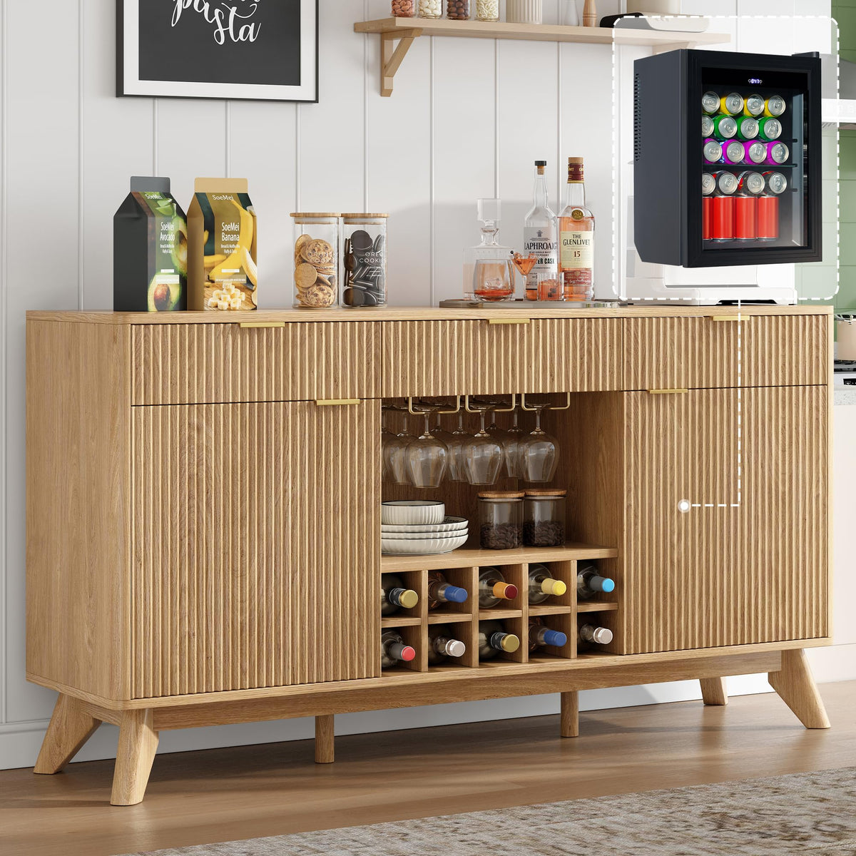 60" Wine Bar Cabinet, Coffee Bar Cabinet with Fridge, Sideboard Cabinet