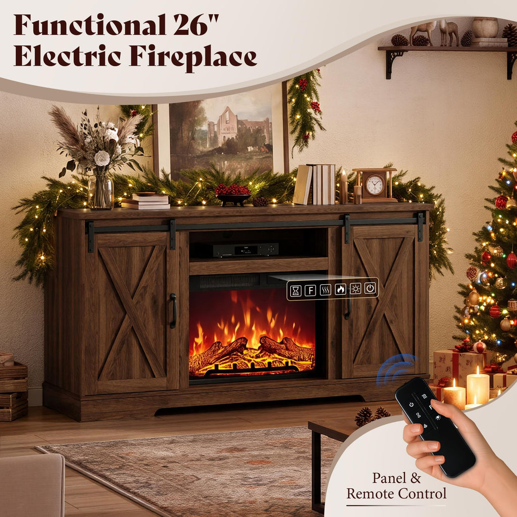 AMERLIFE Fireplace TV Stand with Sliding Barn Door for TVs up to 75"