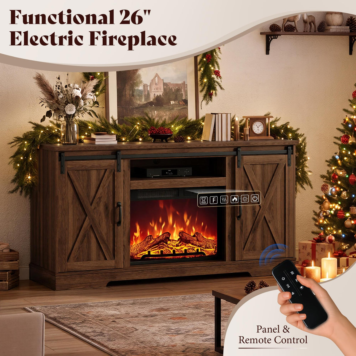 AMERLIFE Fireplace TV Stand with Sliding Barn Door for TVs up to 75"