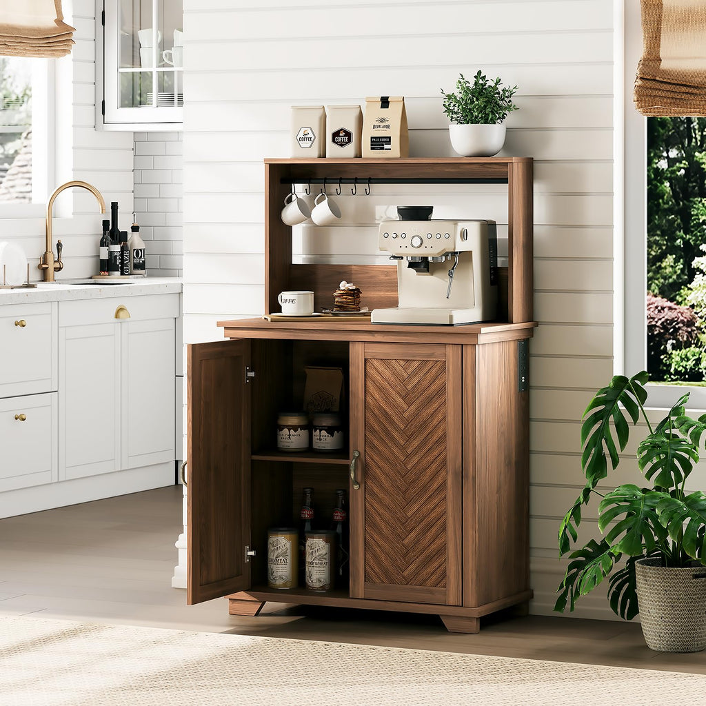 JOINICE Tall Corner Bar Cabinet for Liquor,Mid-Century Modern,Walnut,70"