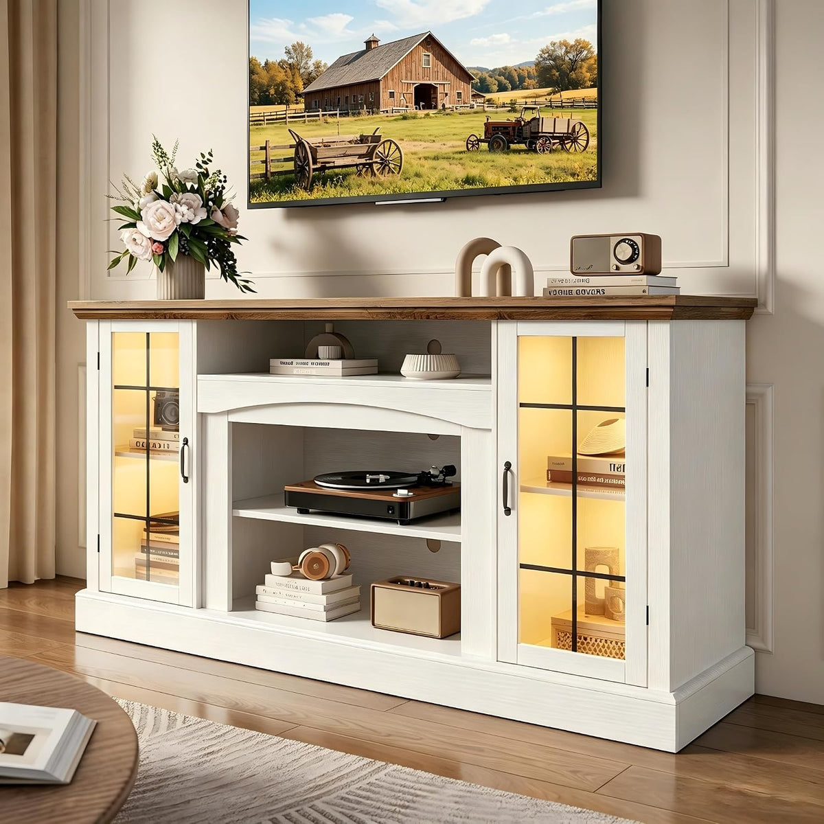 58" Farmhouse TV Stand for 65 Inch TV, LED Entertainment Center with Glass Door Storage Cabinet & Adjustable Shelves, Media Console Table for Living Room, White