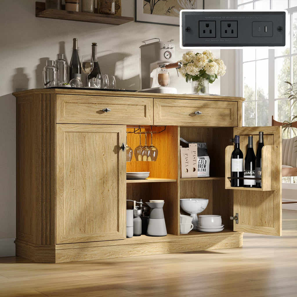 47" Wine Bar Cabinet with LED Light & Power Outlets, 2 Door Coffee Bar Cabinet with 2 Drawers, Sideboard Buffet Cabinet with Storage, Liquor Cabinet for Home Bar, Kitchen Living Room, Walnut Brown