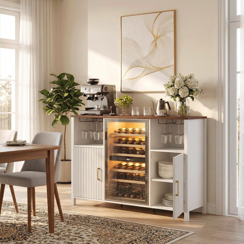 70" Large Coffee Bar Cabinet with Power Outlet, Mini Fridge Cabinet with Adjustable Shelf Wine Rack Glass Holder Liquor Wine Storage, Walnut Fluted Buffet Sideboard Table for Kitchen Dining Room