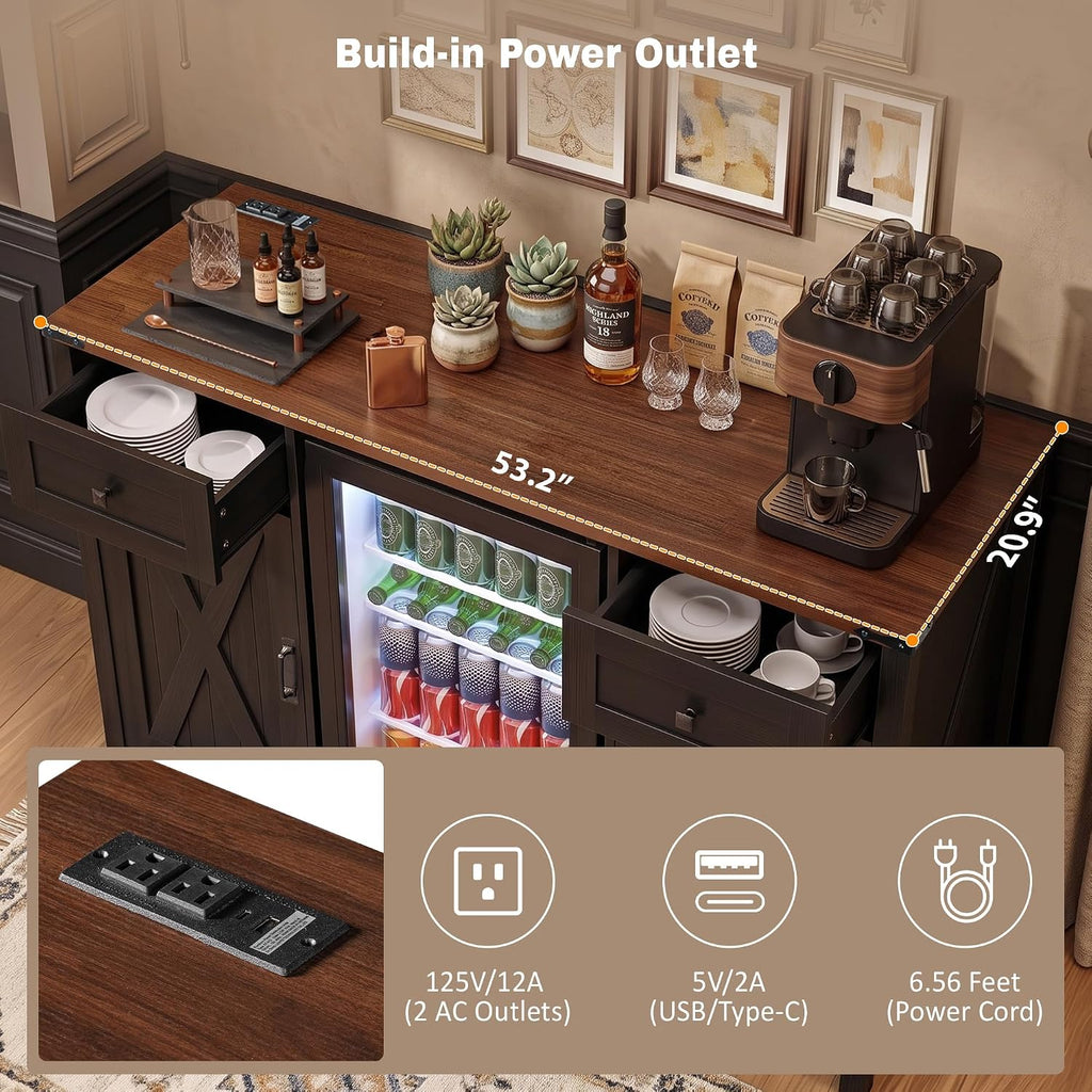 53.2" Farmhouse Fridge Cabinet, Coffee Bar Cabinet, Black