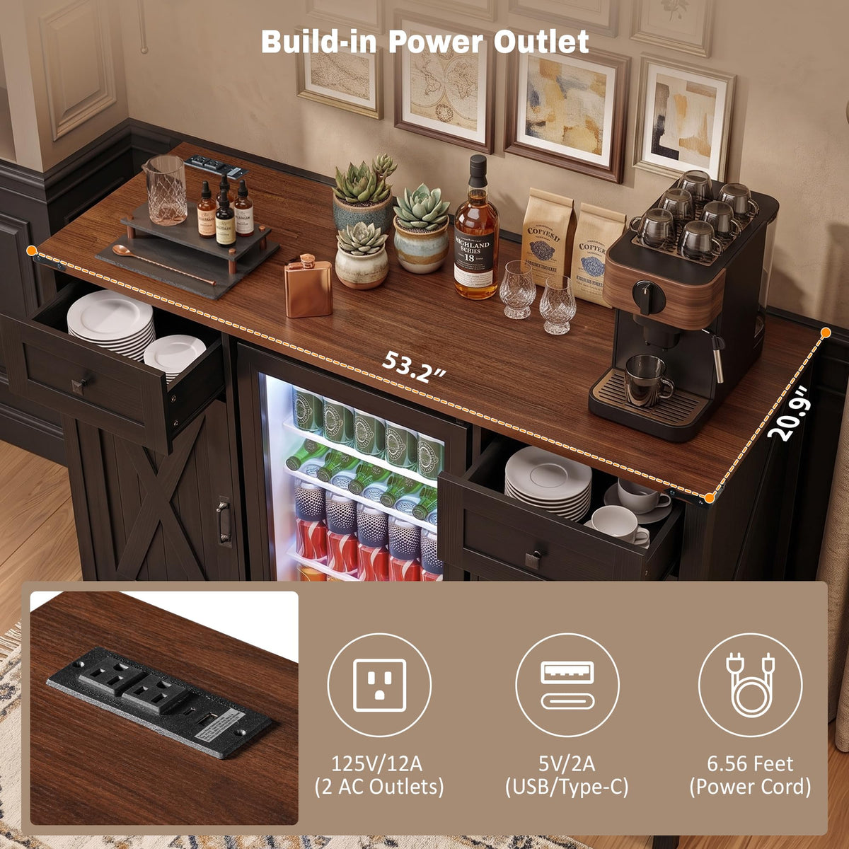 53.2" Farmhouse Fridge Cabinet, Coffee Bar Cabinet, Black