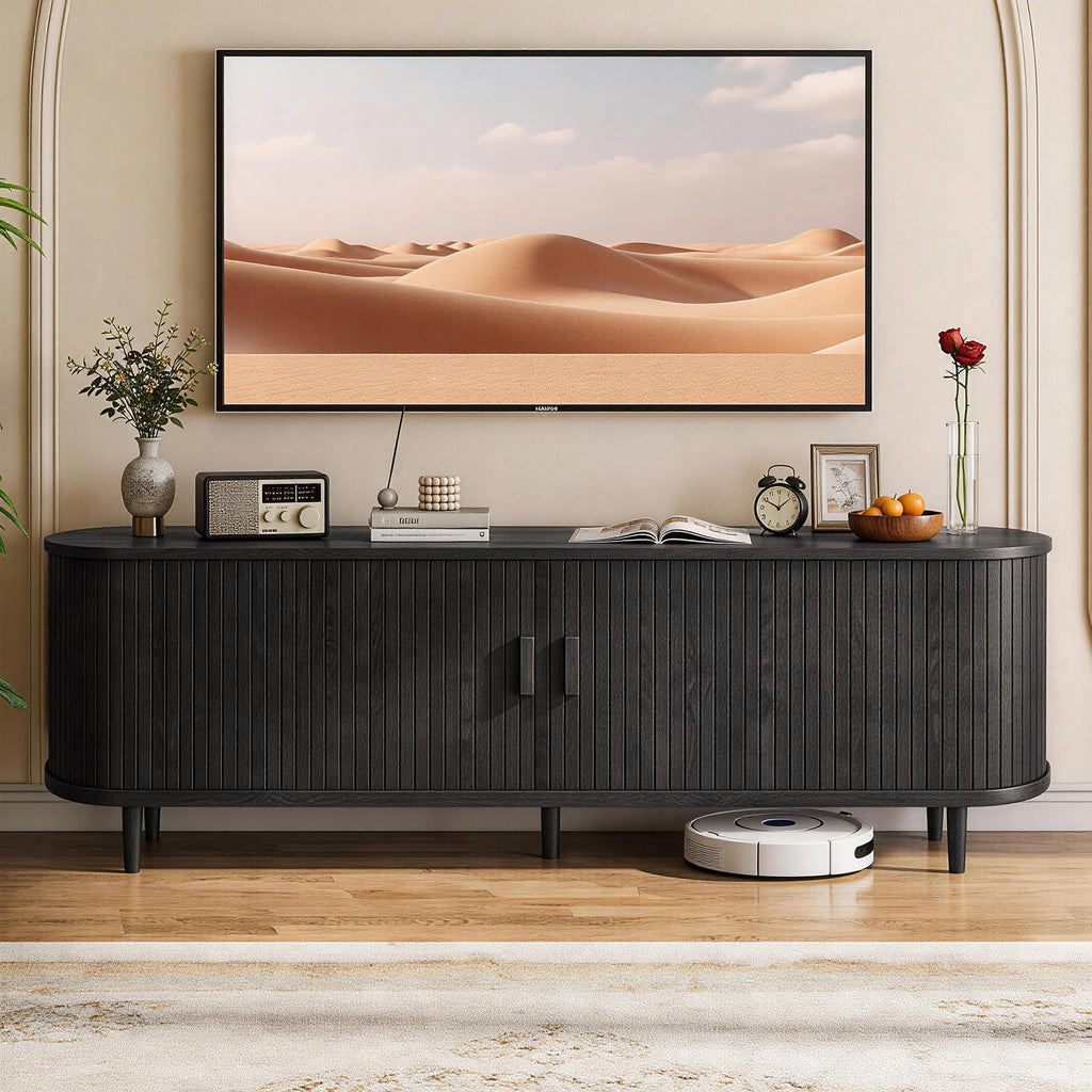 65" Mid Century Modern TV Stand with Power Outlet, Fluted Entertainment Center with Storage and Adjustable Shelves, Wood TV Console with Sliding Doors for Living Room, Walnut