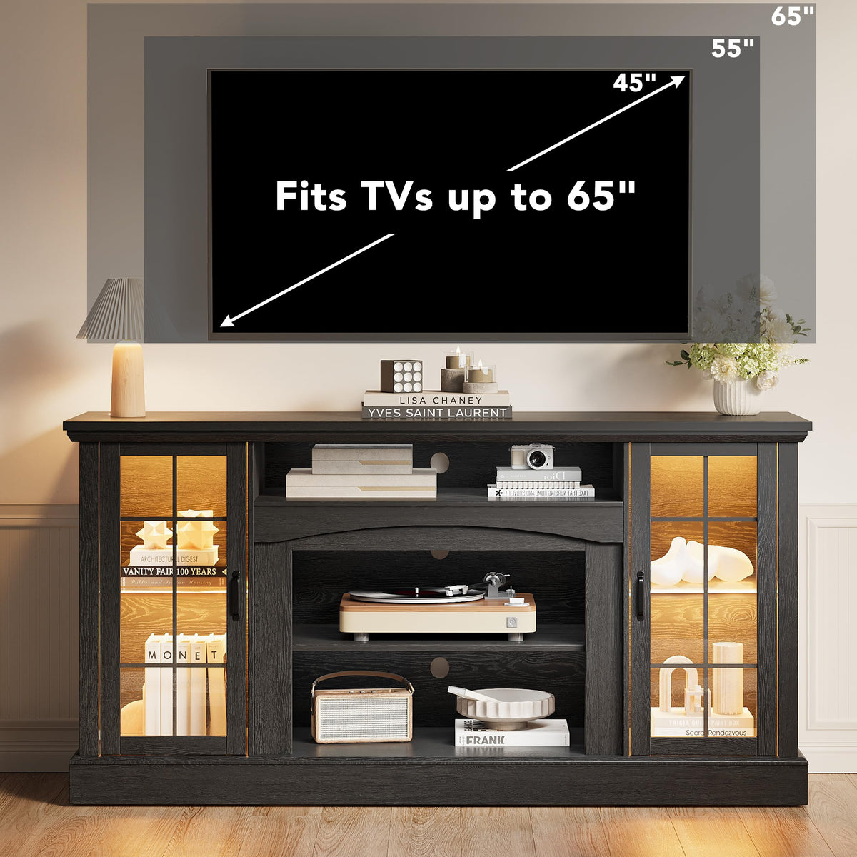 58" Farmhouse TV Stand for 65 Inch TV, LED Entertainment Center with Glass Door Storage Cabinet & Adjustable Shelves, Media Console Table for Living Room, White