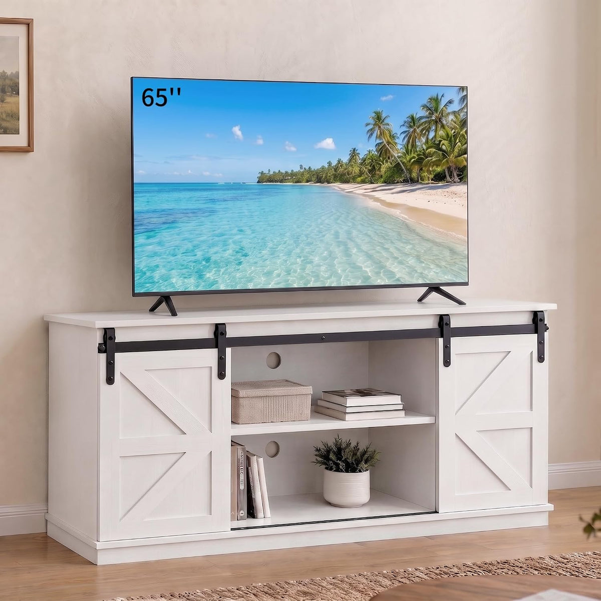 58'' Farmhouse TV Stand for Televisions up to 65 Inches, Entertainment Center with Sliding Barn Doors, White TV Consoles with Adjustable Shelves and Storage Cabinets for Living Room