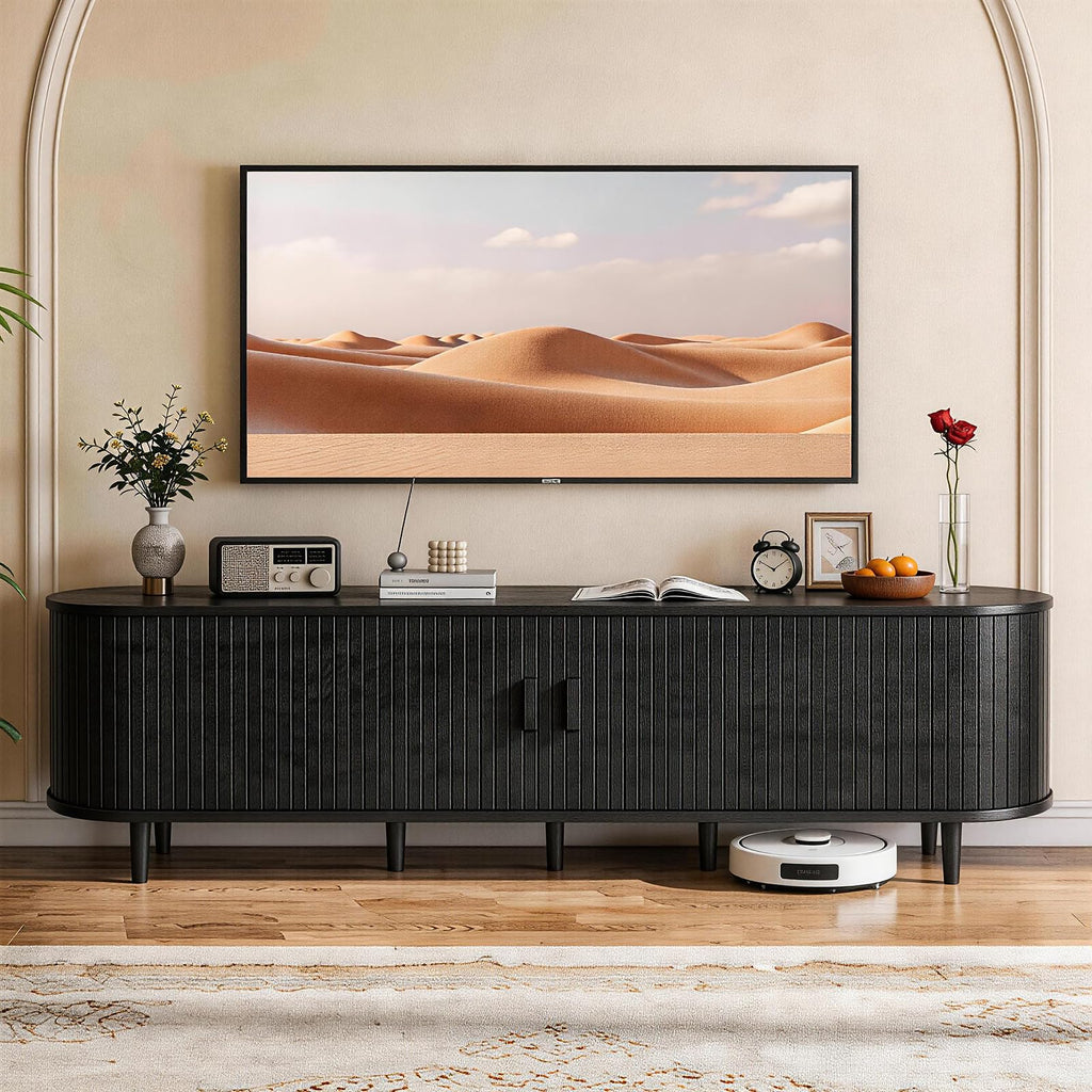65" Mid Century Modern TV Stand with Power Outlet, Fluted Entertainment Center with Storage and Adjustable Shelves, Wood TV Console with Sliding Doors for Living Room, Walnut