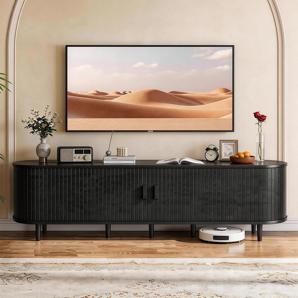 65" Mid Century Modern TV Stand with Power Outlet, Fluted Entertainment Center with Storage and Adjustable Shelves, Wood TV Console with Sliding Doors for Living Room, Walnut