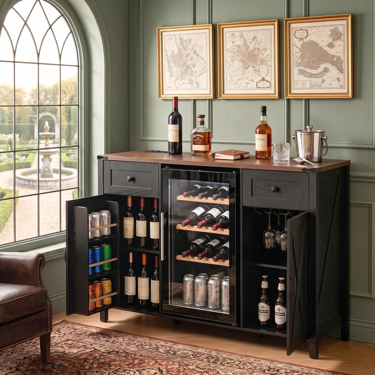 53.2" Farmhouse Fridge Cabinet, Coffee Bar Cabinet, Black