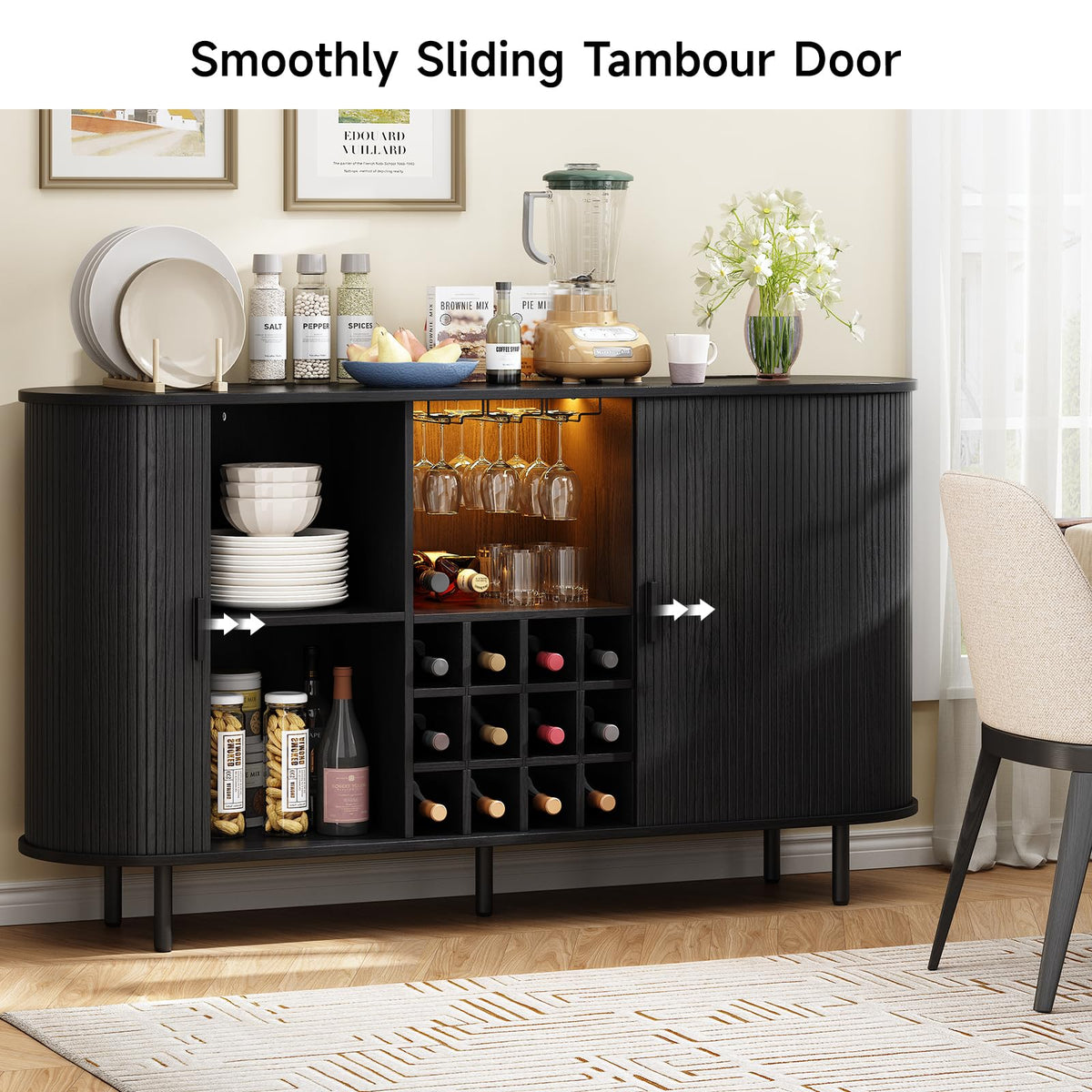 ONBRILL 55" Fluted Wine Bar Cabinet with LED Light Black