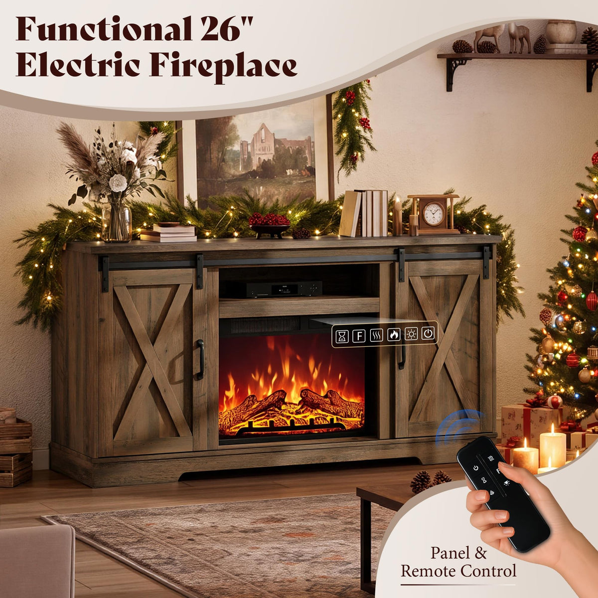 AMERLIFE Fireplace TV Stand with Sliding Barn Door for TVs up to 75"
