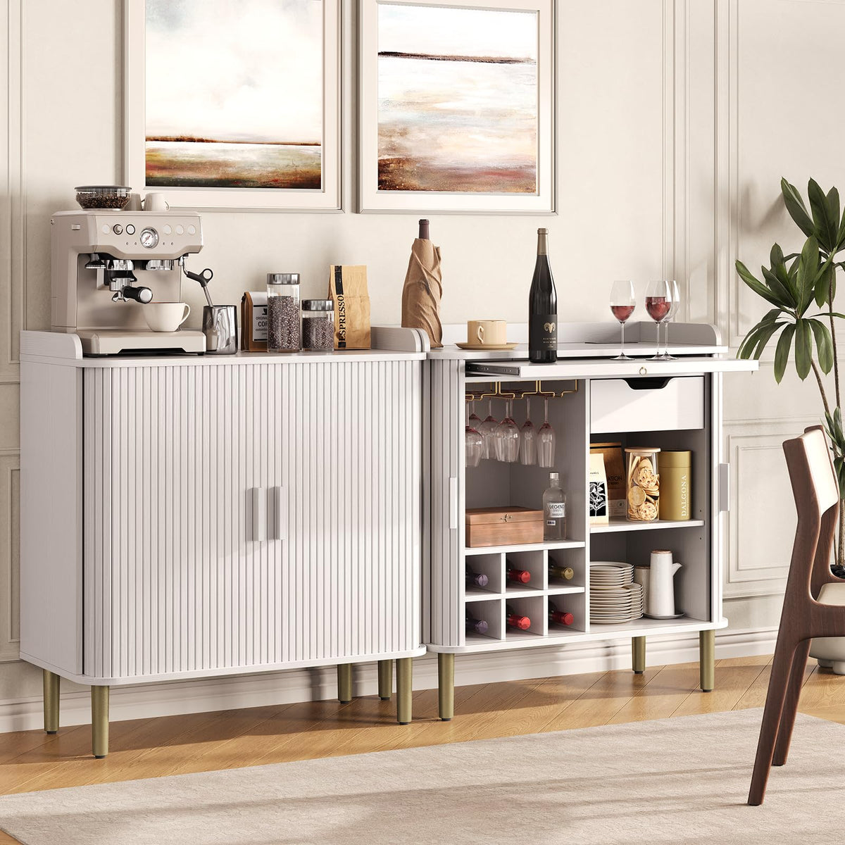ONBRILL Fluted Bar Cabinet with Storgae, Wine Cabinet, 33" H, Black