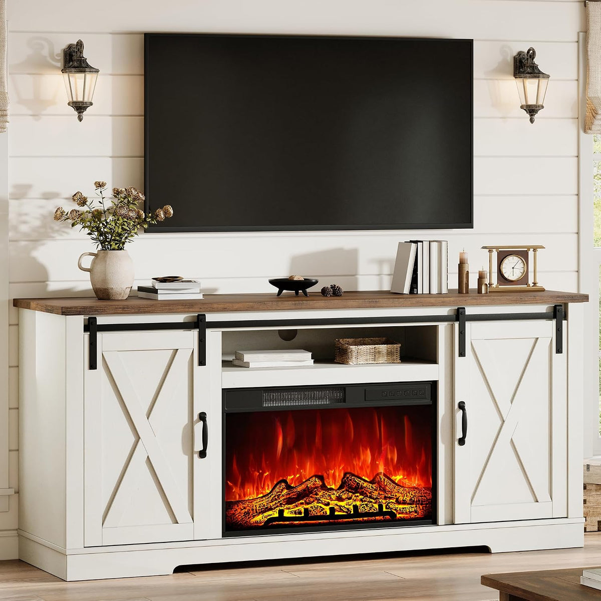 AMERLIFE Fireplace TV Stand with Sliding Barn Door for TVs up to 75"