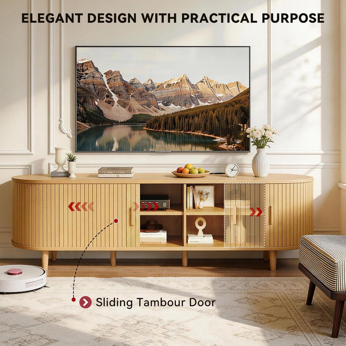 65" Mid Century Modern TV Stand with Power Outlet, Fluted Entertainment Center with Storage and Adjustable Shelves, Wood TV Console with Sliding Doors for Living Room, Walnut