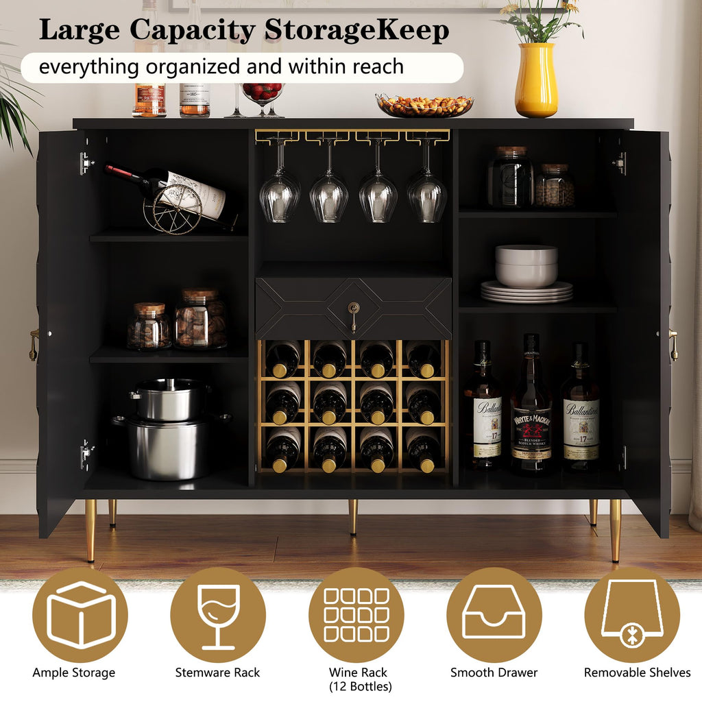 48" Modern Bar Cabinet, Wine Cabinet with Wine Glass Racks and Shelves & Drawer, Geometric Door Buffet Sideboard for Coffee Bar, Liquor, Dining Room, Living Room, Kitchen, Green