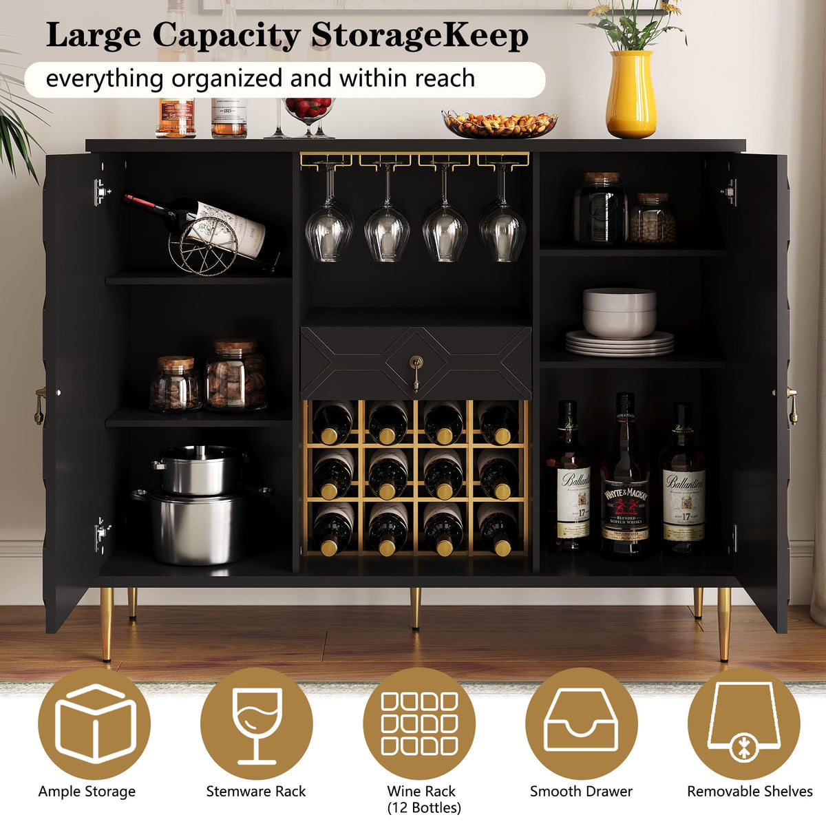 48" Modern Bar Cabinet, Wine Cabinet with Wine Glass Racks and Shelves & Drawer, Geometric Door Buffet Sideboard for Coffee Bar, Liquor, Dining Room, Living Room, Kitchen, Green