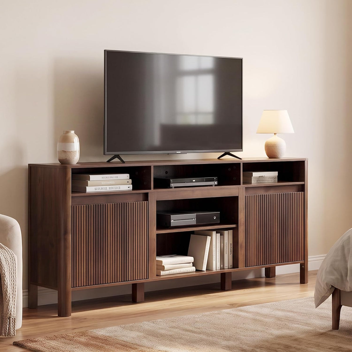 68" Mid Century Modern TV Stands for Living Room, Fulted TV Stand