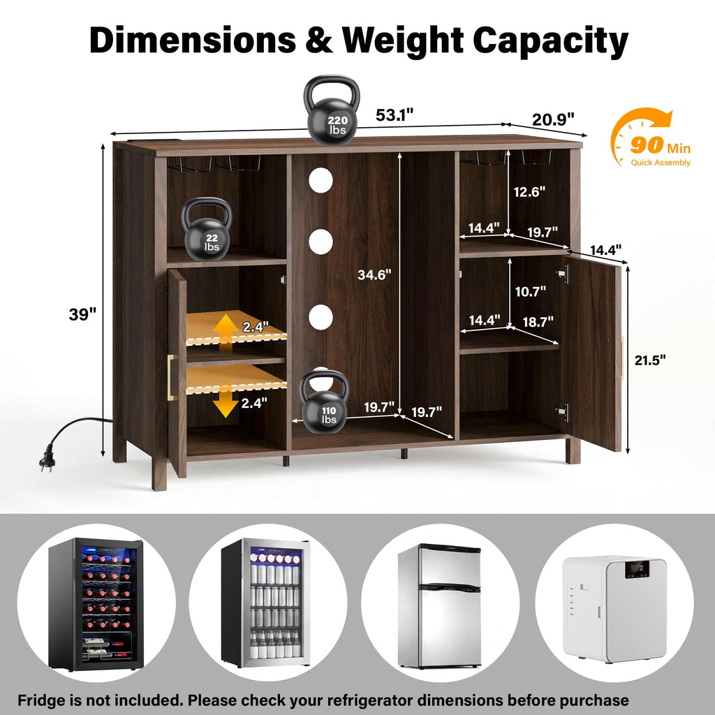 70" Large Coffee Bar Cabinet with Power Outlet, Mini Fridge Cabinet with Adjustable Shelf Wine Rack Glass Holder Liquor Wine Storage, Walnut Fluted Buffet Sideboard Table for Kitchen Dining Room