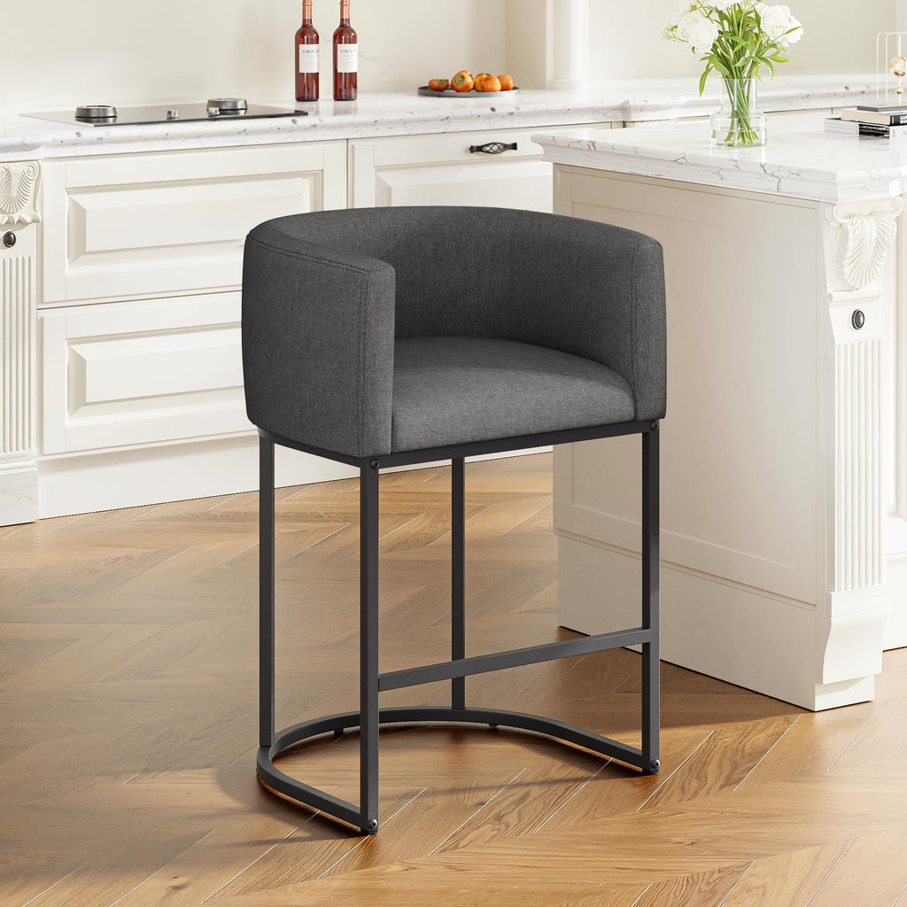 26" H Counter Height Bar Stools Set of 2, Modern Barrel Counter Stools with Backrest and Arms, Linen Fabric Upholstered Accent Barstools for Kitchen Island,Support 450 LBS (Beige)