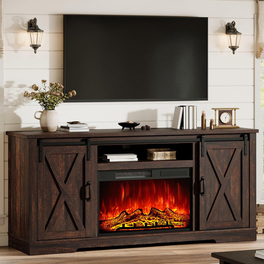 AMERLIFE Fireplace TV Stand with Sliding Barn Door for TVs up to 75"