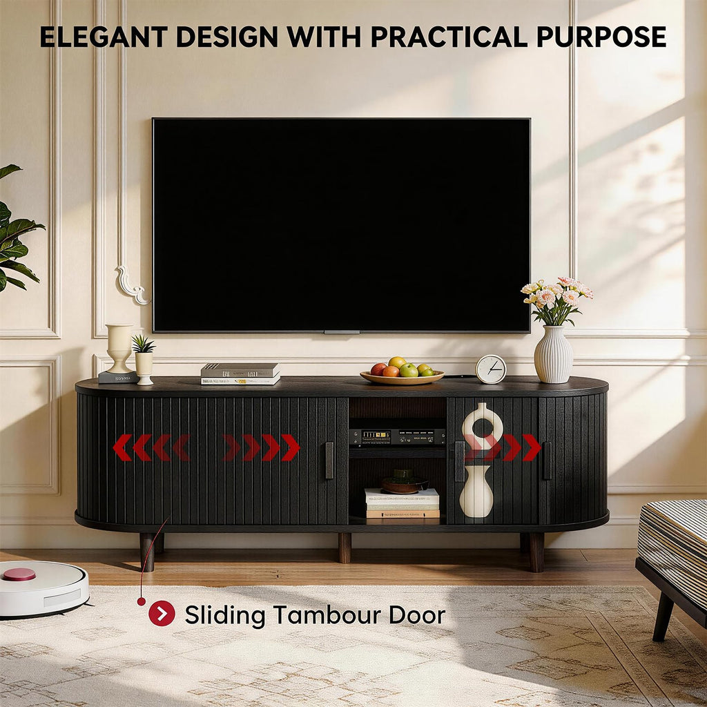 65" Mid Century Modern TV Stand with Power Outlet, Fluted Entertainment Center with Storage and Adjustable Shelves, Wood TV Console with Sliding Doors for Living Room, Walnut