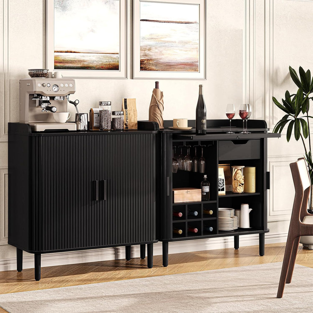 ONBRILL Fluted Bar Cabinet with Storgae, Wine Cabinet, 33" H, Black