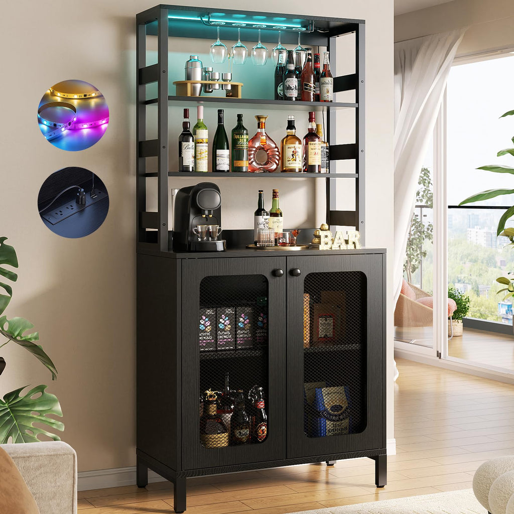 Aheaplus Bar Cabinet with Power Outlets,67" Tall Wine Bar Cabinet,Black Oak