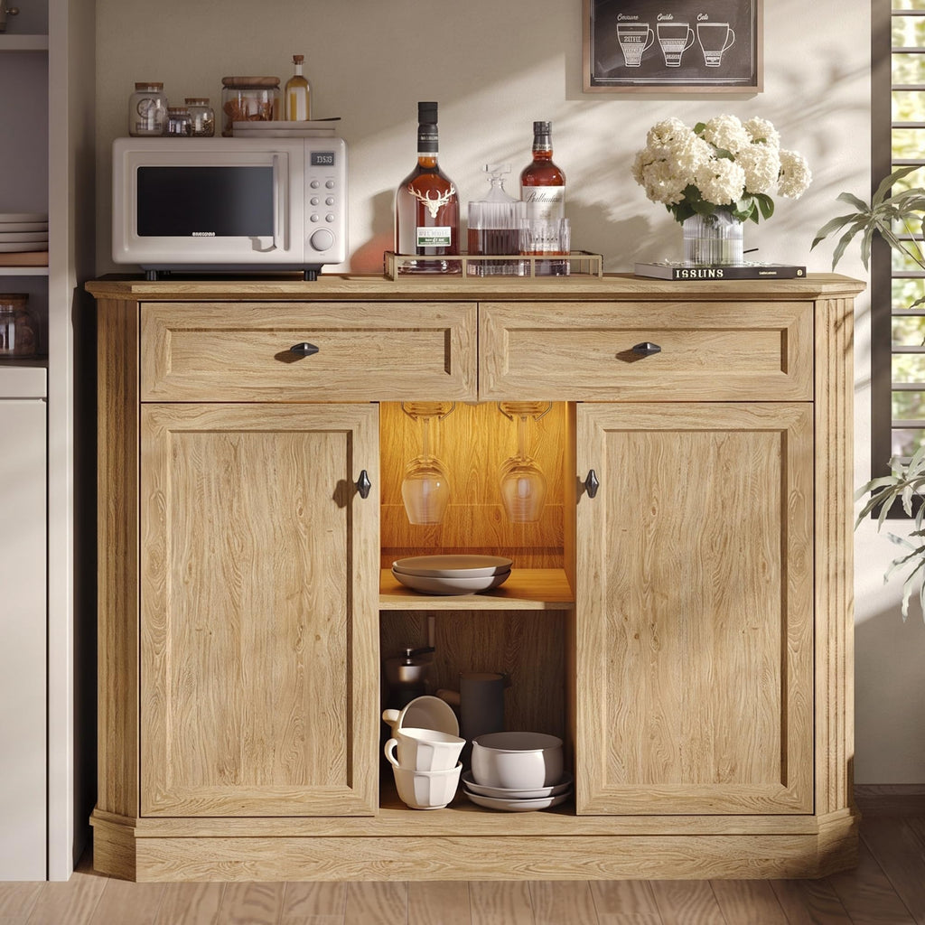 47" Wine Bar Cabinet with LED Light & Power Outlets, 2 Door Coffee Bar Cabinet with 2 Drawers, Sideboard Buffet Cabinet with Storage, Liquor Cabinet for Home Bar, Kitchen Living Room, Walnut Brown