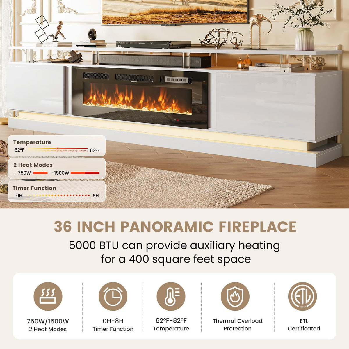 70" Fireplace TV Stand, Modern Entertainment Center