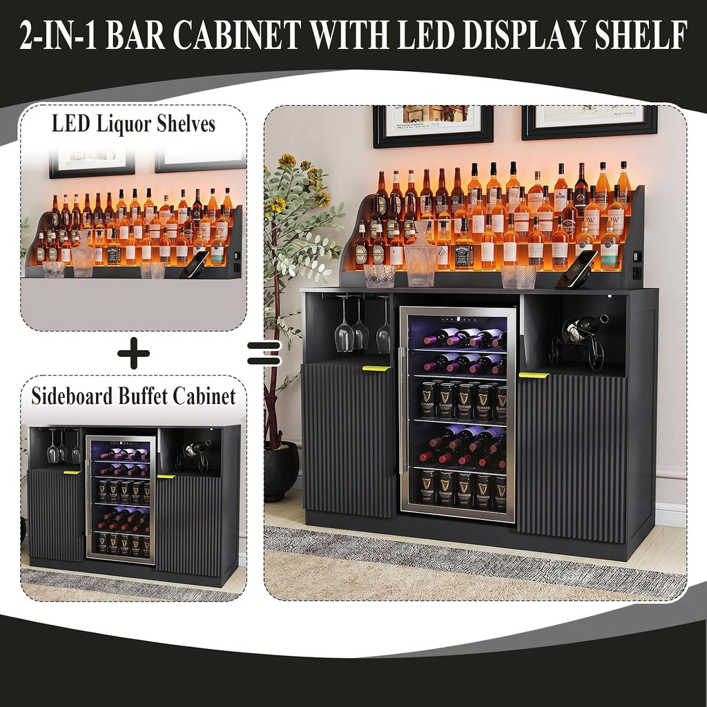 51'' Wine Bar Cabinet with LED Lighted Liquor Bottle Display Shelf,Mini Fridge Cabinet with Storage and Power Outlet,Liquor Coffee Bar Cabinet with Fridge Space,Modern Buffet Cabinet with Wine Rack
